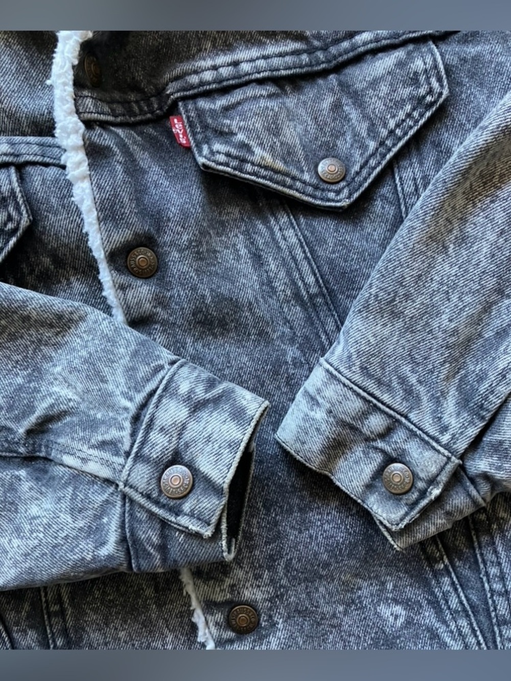 Vintage 80s Levi’s Sherpa Lined Denim Jacket Jean BLK Acid Wash USA S/M VTG Coat - Picture 7 of 10